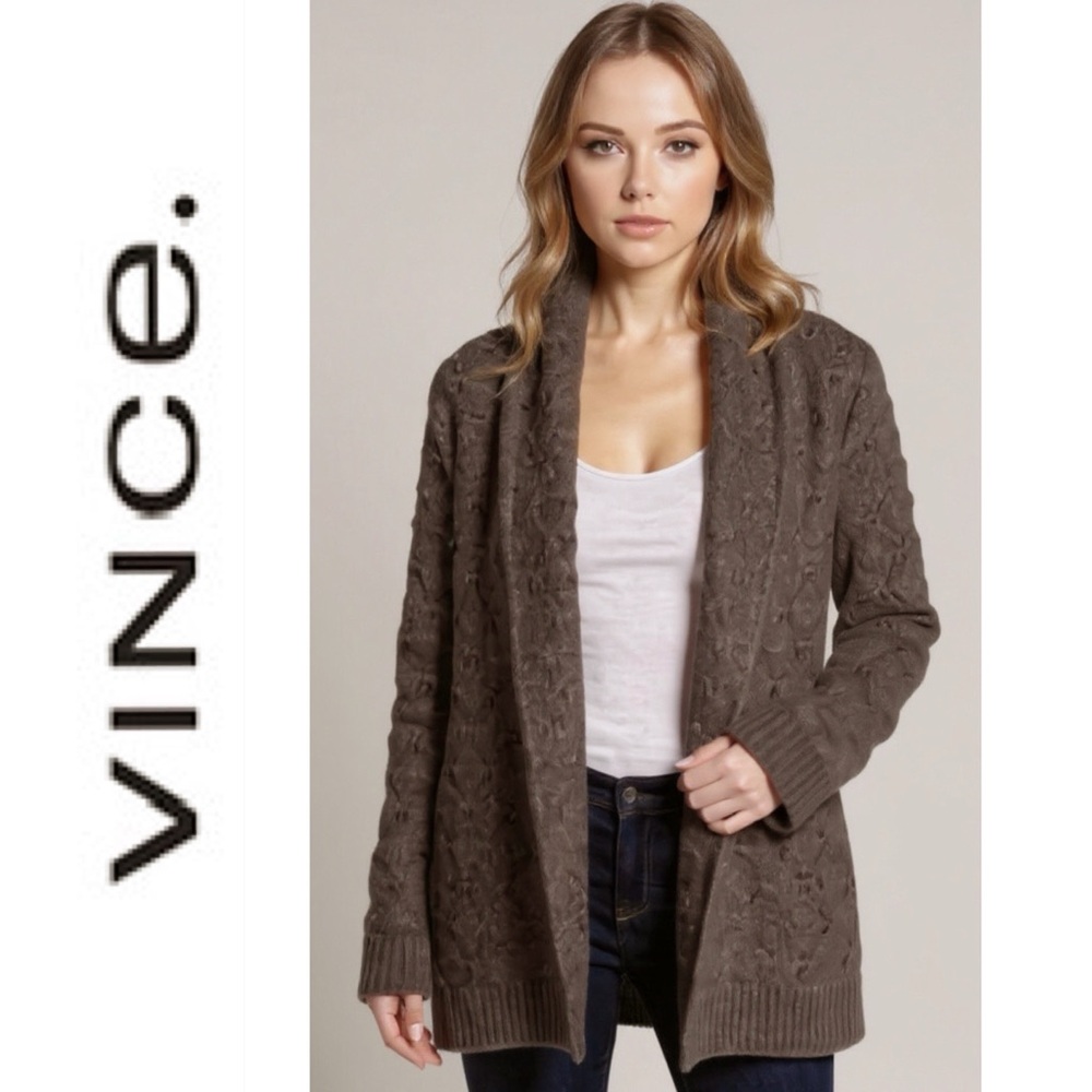 Vince Wool Yak Tuck Stitched Long Sleeve Brown Knit Cardigan Sweater Size Small